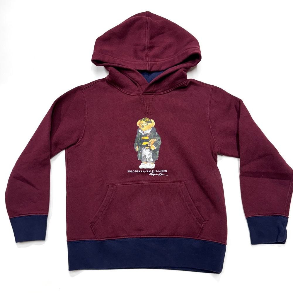 Polo Ralph Lauren Kids Size 8 (S) Maroon Navy Polo Bear Hoodie Football Gameday